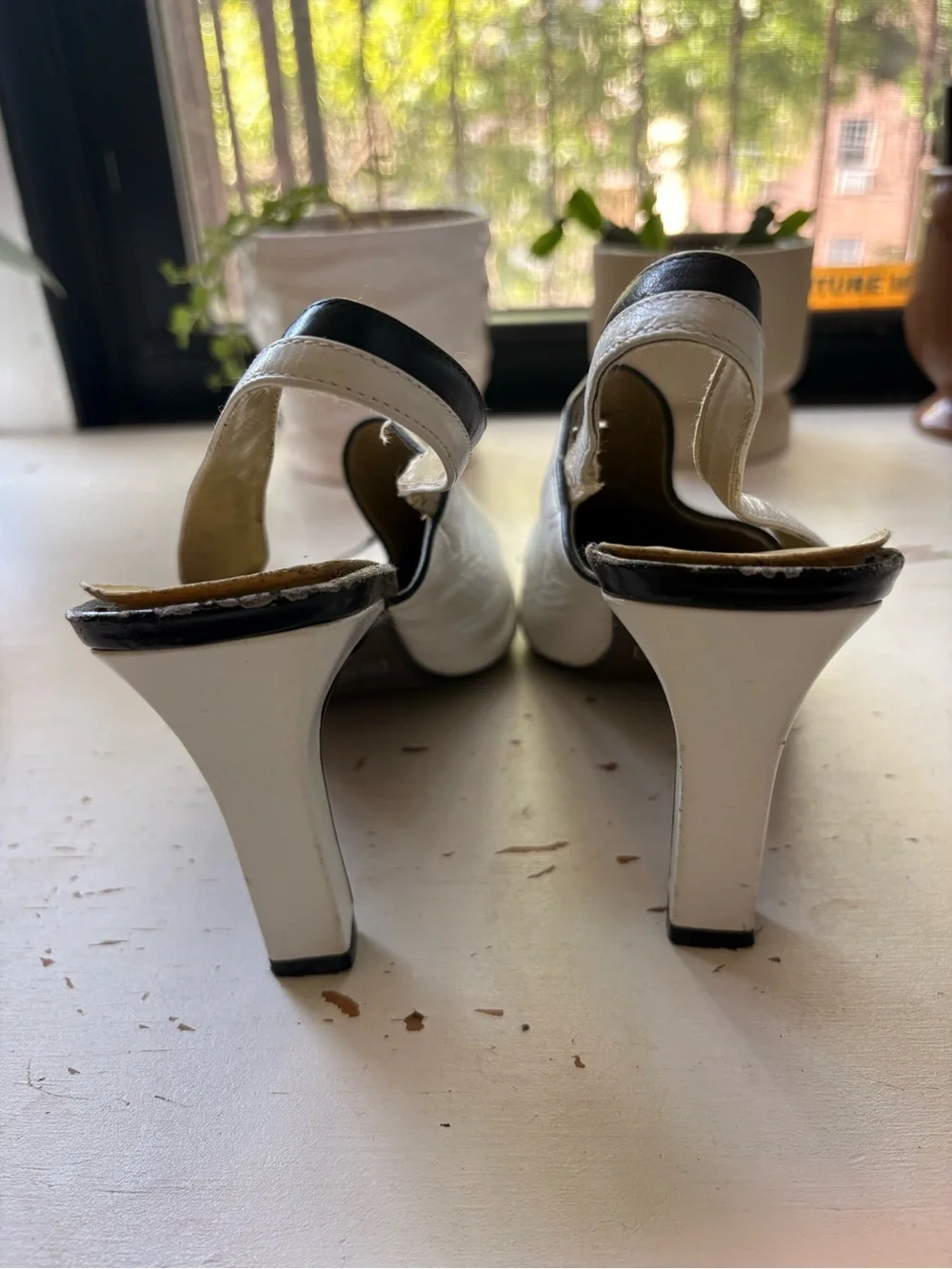 White and Black Leather Slingback Heels - Women's Fashion Pump